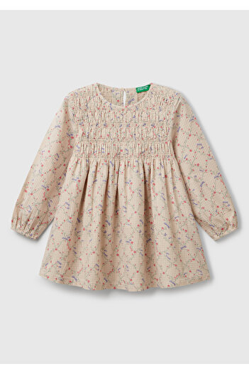 United Colors of Benetton Girl's Ecru Seersucker Fabric Floral Patterned Elastic Pleated Long Sleeve Dress