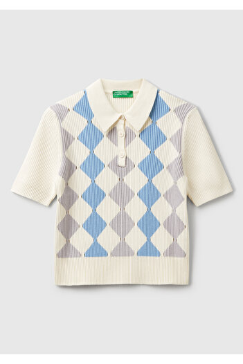 United Colors of Benetton Pulover cu mânecă scurtă, cu guler polo, cu detaliu cu nervuri, crem, cu model diamant