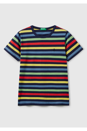 United Colors of Benetton Fiú sötét színű mix csíkos elülső logóval hímzett póló