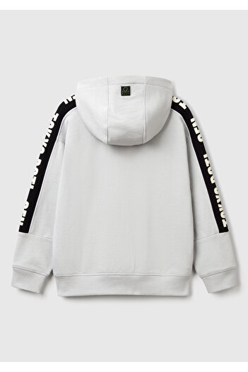 United Colors of Benetton Boy's Gray Melange Sleeves Print Stripe Detailed Zippered Hooded Sweatshirt