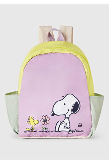 United Colors of Benetton Boy's Lilac Peanuts Printed Color Block Canvas Mini Backpack