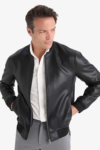 DeFacto Slim Fit College Collar Bomber Lined Faux Leather Coat