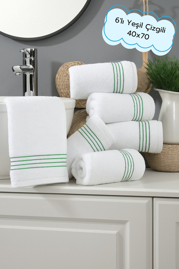 Arte Cotone White Embroidered Striped Hand Towel Set |   Red and Green Stripes 35X35 / 40X70