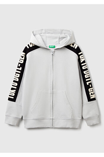 United Colors of Benetton Boy's Gray Melange Sleeves Print Stripe Detailed Zippered Hooded Sweatshirt