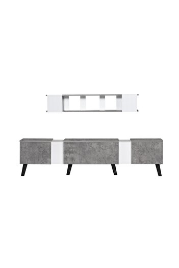 BAITY Wooden TV Table with 3 Drawers and Wall Shelves - Malaysian Wood, Gray and White, 180 cm