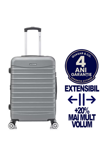 Quasar & Co. Medium Expandable Trolley, Line troller, 66x41x26-31cm, checked luggage, suitcase 4 Wheels, lock, Silver