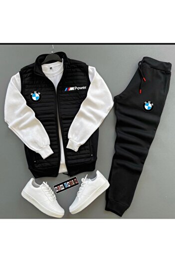 NewCabin New Season Mpower Printed Cotton Quilted Jacket-Sweatpants-Sweat 3-Piece Top-Bottom Set