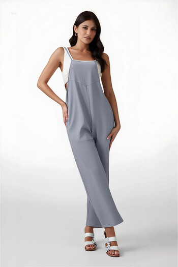 hazelin Women's Gray Adjustable Strap Wide Leg Gardener Overalls with Pockets Hzl22S-Bd170191