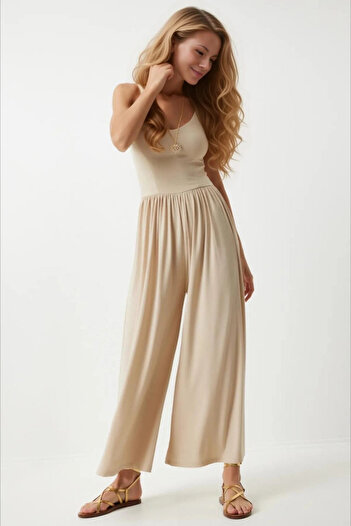 hazelin Cream Colored Adjustable Strap Summer Jumpsuit - Wide Leg, Elastic Waist, HZL24S-BD170291