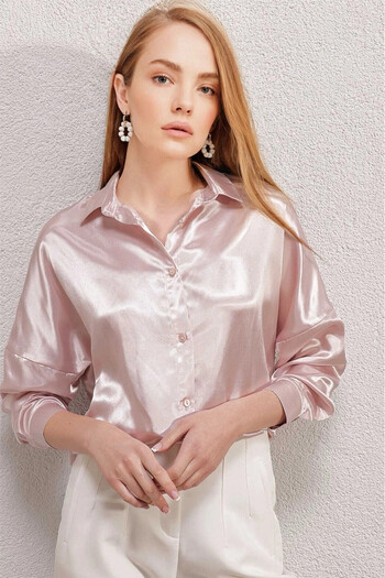 hazelin Women's Cream Oversize Flowy Satin Surface Shirt Hzl23S-Bd139851