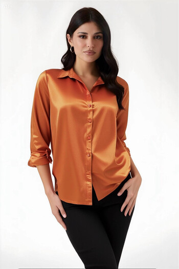 hazelin Women's Orange Light Flowy Satin Surface Shirt Hzl22W-Bd139641