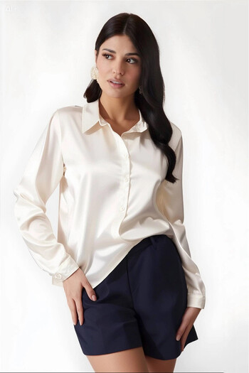 hazelin Women's Cream Lightly Draped Satin Surface Shirt Hzl22w-bd139641