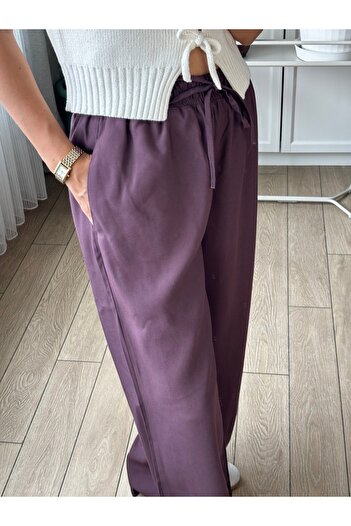 Store Yüksek Bel Wide Leg/Geniş Paça Beli Lastikli Dökümlü Kumaş Rahat Pantolon