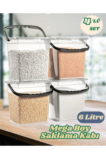 Stile Cucina Mega Boy 4-Piece Square Flour Container 6 Liters - Detergent Dispenser Storage Box with Handles Transparent
