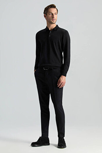 Hemington Merino Yün Polo Yaka Siyah Kazak
