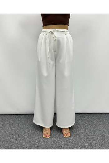 deqfashion White Front Pleated Lace up Back Belt Elastic Palazzo Trousers