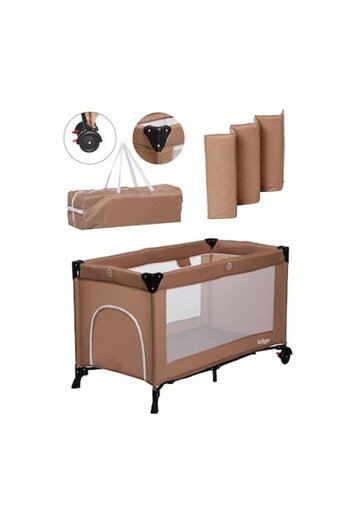 indiggo KiddoTrip NEXT 3-in-1 Folding Crib and Playpen, Extra Layer, Mattress, Transport Bag, Brown
