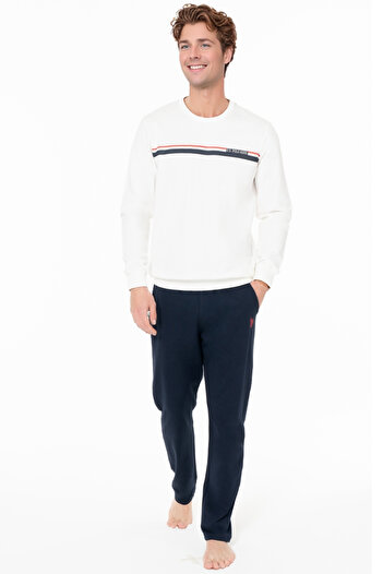 U.S. Polo Assn. Men's Long Sleeve Pajama Set - Ecru Top & Navy Blue Bottom