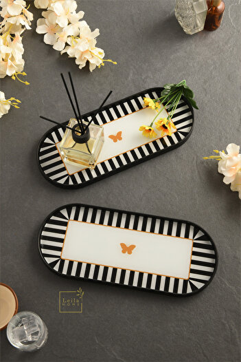 Leila Butterfly Patterned Glass Presentation Tray - Black 2 Pieces 12X30 cm