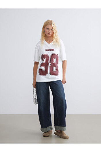 LC Waikiki Ecru V-Neck Los Angeles Printed Oversize Women's T-Shirt