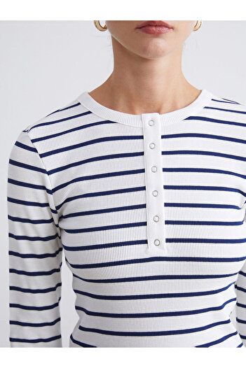 LC Waikiki Navy Blue Crew Neck Striped Women's Bodysuit