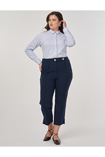 Kayra Button Detailed Fabric Trousers Dark Navy Blue