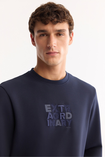 Avva Men's Navy Blue Crew Neck Cotton Bi-Stretch Printed Sweatshirt A52Y1247
