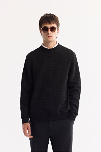 Avva Men's Regular Fit Black Crew Neck Striped Jacquard Sweatshirt A52Y1220