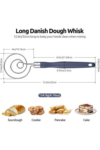 erorex 32×9Cm Danish Sourdough Whisk: 18/8 Stainless Steel 3 Wire Loops 22Cm Long Silicone Handle, Pastry
