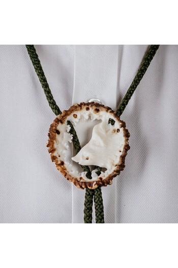 Handmade Hunter Tie Carved in Carpathian Deer Horn with Boar Head Motif, White