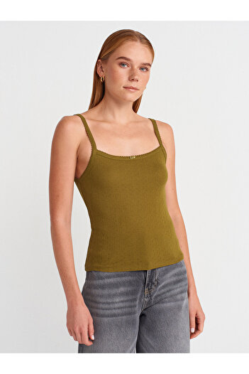 Dilvin 21044 Bow Detailed Openwork Top - Dark Green
