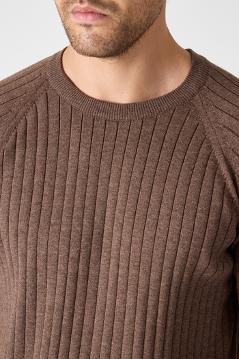 Frappoli Solen Men's Brown Italian Ribbed Cotton Crew Neck Sweater