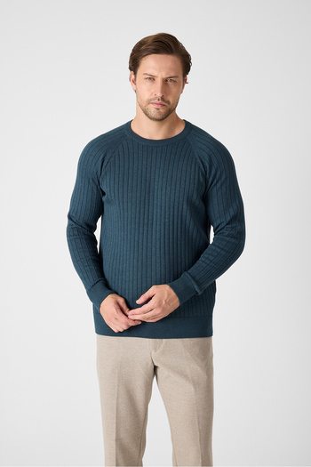 Frappoli Solen Men's Dark Green Italian Ribbed Cotton Crew Neck Sweater