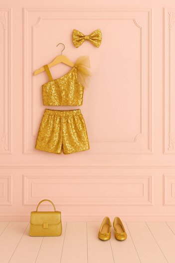NA ADDESIGN Girl's Sequined One-Shoulder Party Set with Shorts |   Birthday & Dance Outfit