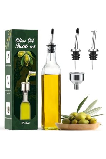 Home Zone Glass Olive Oil Dispensing Bottle, 17 Ounces - 500ml Container with Pourer & Funnel for Kitche