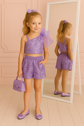 NA ADDESIGN Girl's Sequined One-Shoulder Party Set with Shorts |   Birthday & Dance Outfit