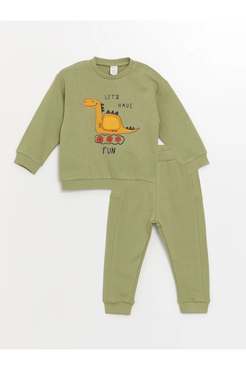 LC Waikiki Lcw Baby Green Crew Neck Long Sleeve Printed Baby Boy Sweatshirt and Sweatpants 2-Piece Set