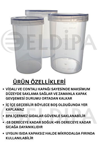 ELDİPA Set of 3 Storage Containers with Seals |   Screw Cap 600 ml – 1100 ml – 1500 ml