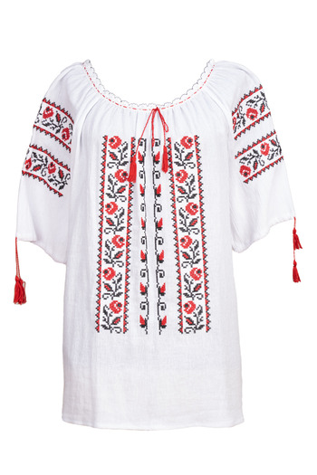 FARA Ladies' shirt, white cotton, with red floral pattern