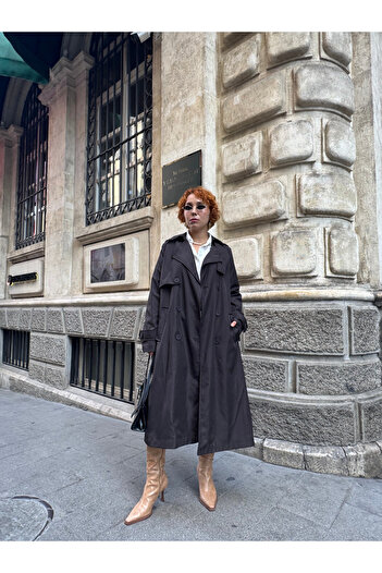 Bak'ap Premium Waterproof Buttoned Long Trench Coat with Lace-Up Detail