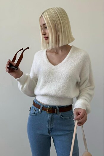 Madmext Bone Color V-Neck Soft Textured Women's Sweater Mg2499