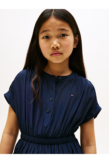Tommy Hilfiger Tommy Hilfiger Girls Dark Night Navy Half Button Flare Short Tiered Shirt Dress