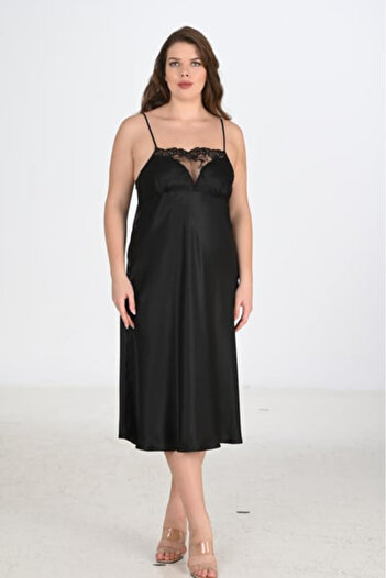 Bleu Petite Black Plus Size Lace Detail Satin Dressing Gown Nightgown Set