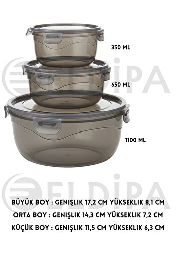 ELDİPA Set of 3 Lockable Lid Anthracite Round Storage Containers with 3 Seals |   350 ml - 650 ml - 1100 ml