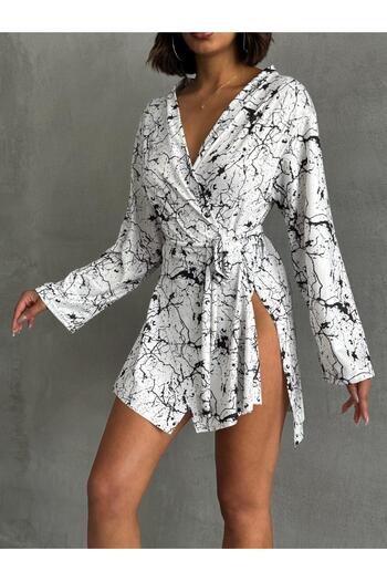 MY JOSHUA Women's Printed Miyabi Double-Breasted Kimono Dress with Belt Detail