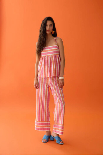 Quzu Wide Leg Striped Pink Women's Trousers Pnt00531