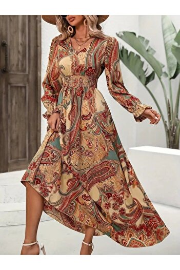 Modayakamoz New Season Women's Long Sleeve V-Neck Elastic Waist Patterned Single Jersey Dress