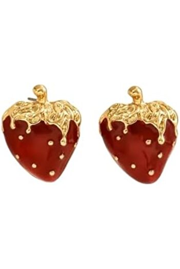 Just Pretty Corner Gold-Plated Strawberry Stud Earrings, Red Enamel, Fashion Jewellery
