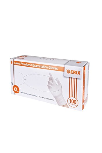SERIX Box of 100 Latex Disposable Gloves, Serix, Textured, Lightly Powdered, White, Size XL