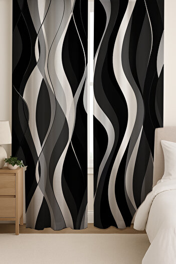 Else Dekor Black Gray Wavy Patterned Double Winged Backdrop Curtain Suede Living Room Hall Kitchen 140X260Cm